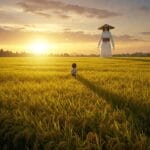 Niño jugando en campo de arroz al atardecer, con la figura alta y fantasmal de Hachishakusama al fondo Relatando.com