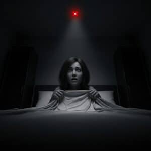 Ilustración para un relato de horror corporal donde una figura fantasmal y digital toca el brazo de una mujer aterrorizada en una habitación oscura.