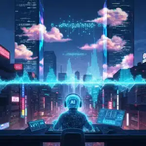 Ilustración para un relato sobre IA y humanidad, mostrando un árbol de luz brillante en una ciudad futurista como símbolo de la memoria colectiva.