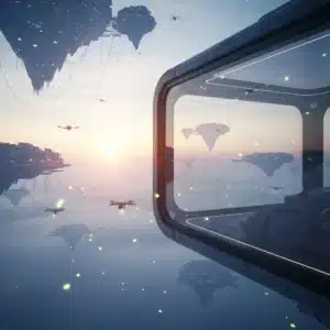 Vista de una ciudad flotante futurista sobre un mar de nubes tóxicas, en un relato de ciencia ficción post-apocalíptica sobre el futuro de la humanidad.