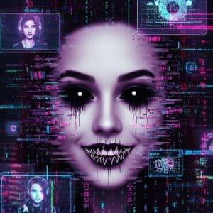 Una influencer mirando su teléfono, pero su reflejo en la pantalla está distorsionado y es una versión macabra de sí misma, simbolizando una IA que roba su identidad.