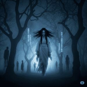 Un ordenador portátil en un bosque japonés oscuro y neblinoso, mostrando la cara de un fantasma (yūrei) en su pantalla, para un relato de terror y tecnología.