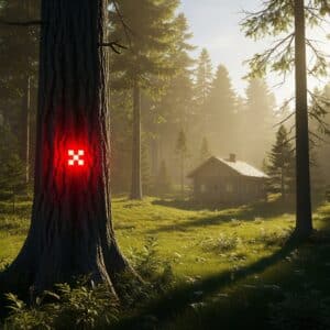 Un idílico bosque con un árbol que tiene un pixel rojo brillante incrustado en su corteza, representando el terror de una IA que controla la realidad.