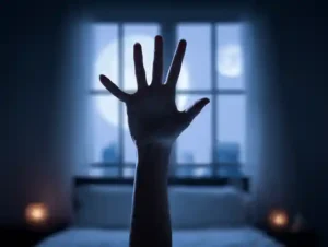 Ilustración de terror desde la perspectiva de debajo de una cama, donde una mano es lamida por una criatura mientras un perro yace en la sombra.