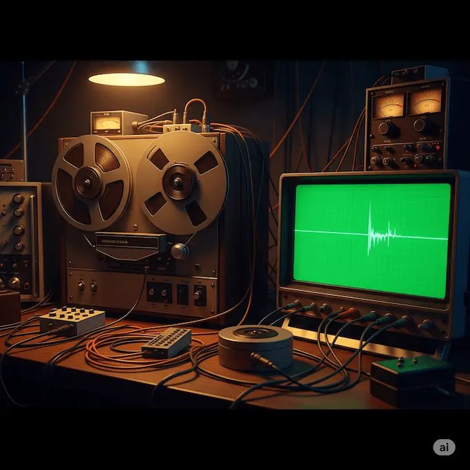 Equipo de audio antiguo en un laboratorio oscuro