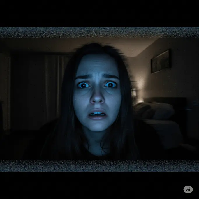 Captura de webcam de Marta Villegas, una joven aterrorizada iluminada por la luz de su monitor.