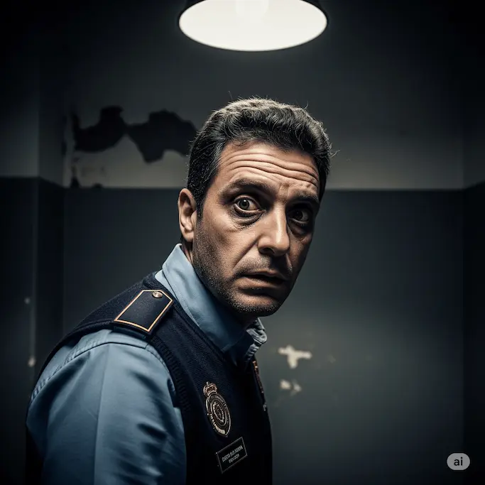 Retrato policial del Sargento Daniel Méndez, con expresión de terror y agotamiento.