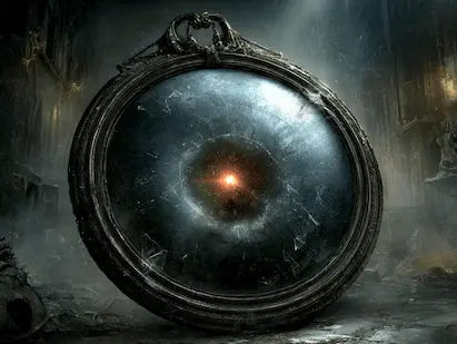 Fotografía de evidencia de un espejo antiguo y ominoso en una habitación oscura.