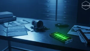 Teléfono roto en mesa metálica de morgue