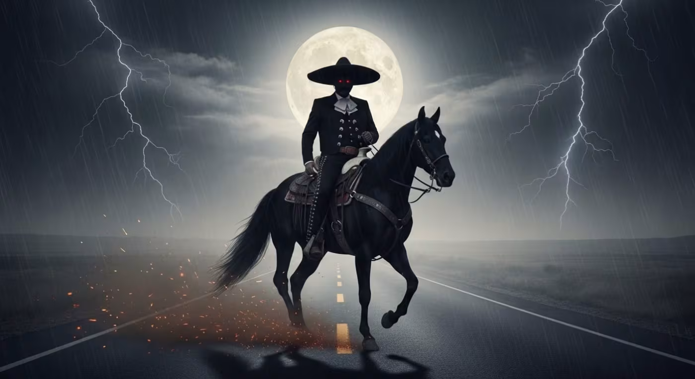 Jinete sombrío sobre caballo azabache