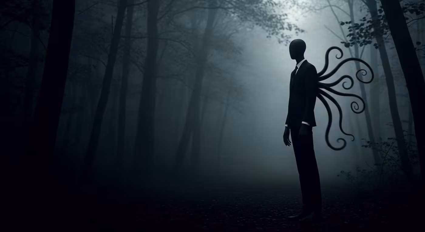 Figura alta sin rostro tras un árbol