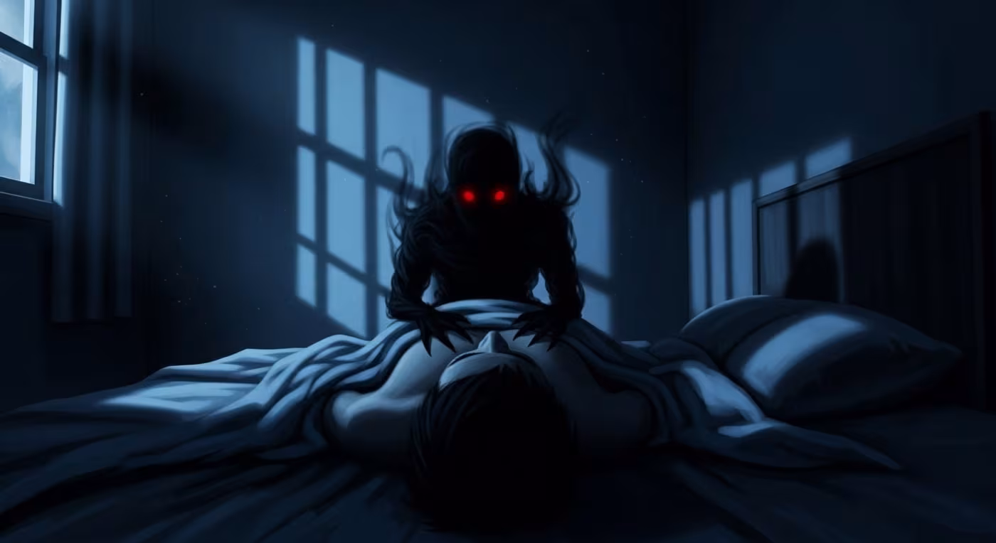 Sombra oscura inclinada sobre persona dormida