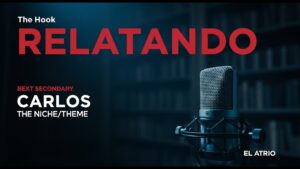 Imagen oscura y atmosférica de un atrio antiguo con sombras profundas, evocando misterio y terror. Un micrófono vintage en primer plano sugiere un podcast de relatos de miedo.