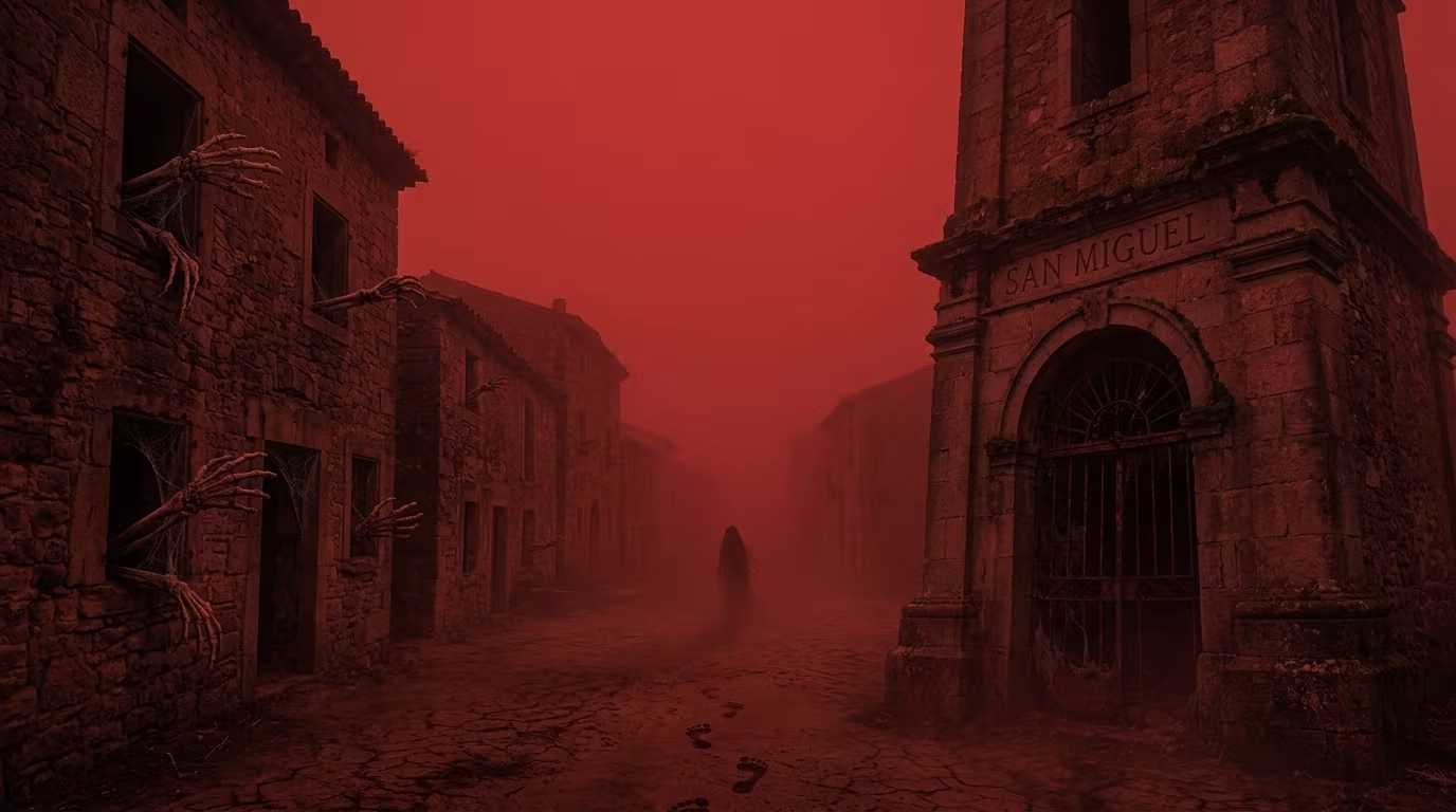 Fotografía nocturna del antiguo castillo de San Miguel en Ochate envuelta en niebla roja, con sombras alargadas y una torr...