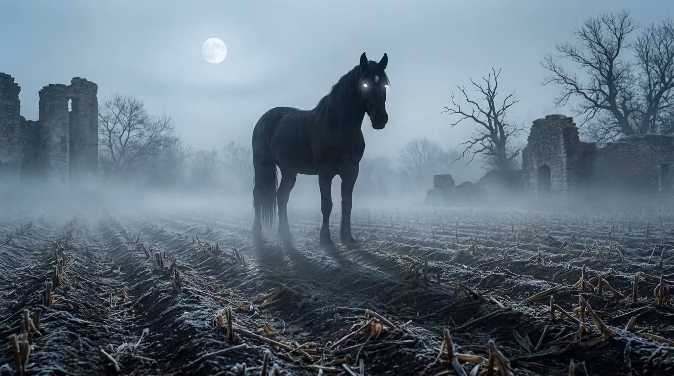 Semental negro fantasmagórico con ojos llameantes emergiendo de la niebla de un campo celta durante la cosecha, rodeado de...