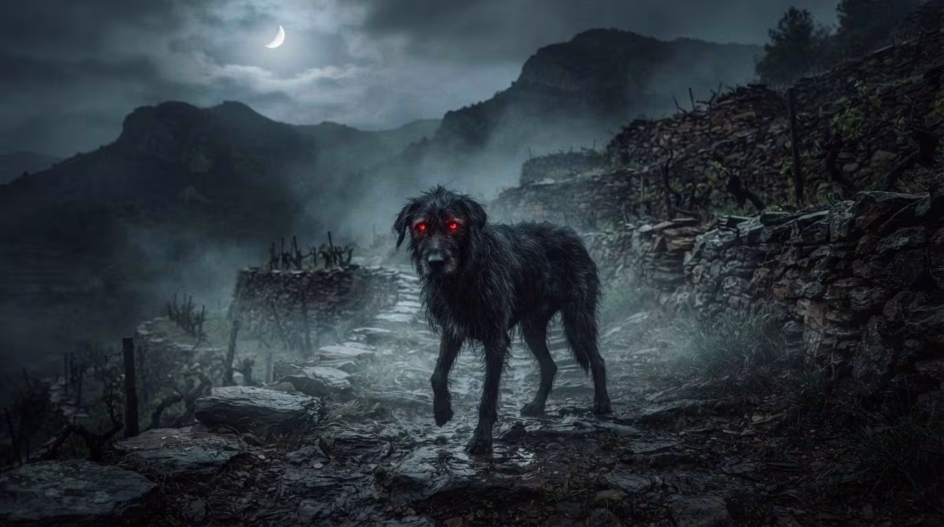 Ilustración y expediente de El Dip de Cataluña: Perro Vampiro Cojo del Priorat – Relatando.com